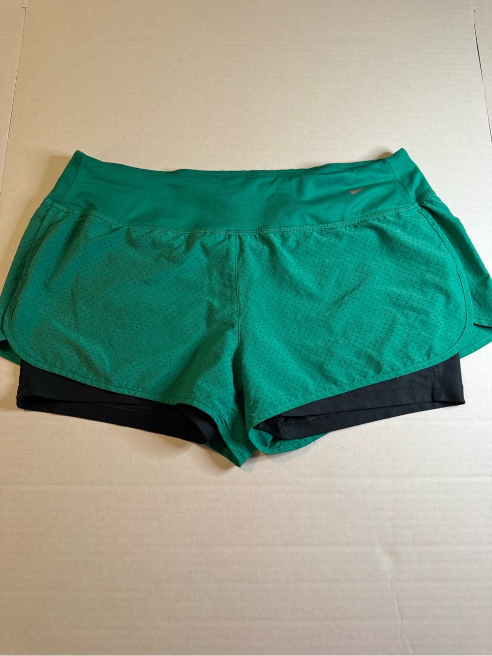 Nike Women's Green Layered Athletic Running Shorts with Black Liner